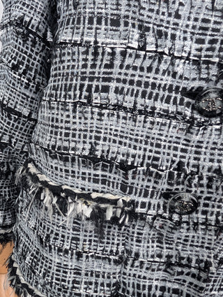 Black And White Tweed Jacket With "CC" Logo Buttons And Silver Chain Inside