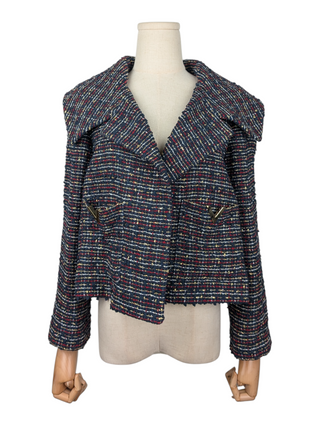 Navy Tweed Jacket With Gold V Pockets