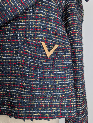 Navy Tweed Jacket With Gold V Pockets