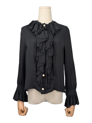 Black Ruffle-trimmed Sheer Blouse with Pearl Button