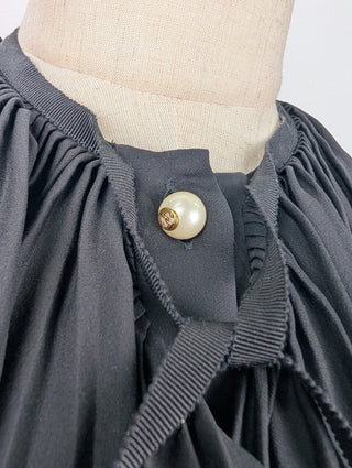 Black Ruffle-trimmed Sheer Blouse with Pearl Button