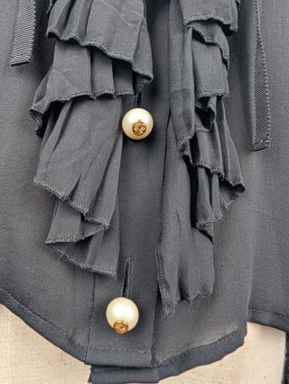 Black Ruffle-trimmed Sheer Blouse with Pearl Button