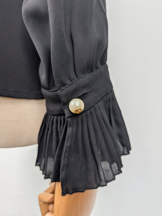 Black Ruffle-trimmed Sheer Blouse with Pearl Button