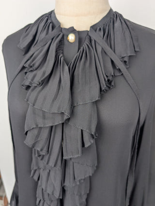 Black Ruffle-trimmed Sheer Blouse with Pearl Button