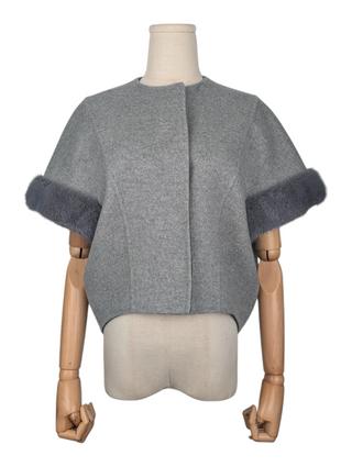 Grey Cashmere Short Sleeve Coat With Fur Wrist