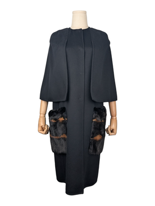 Black Cape Coat With Fur Pockets
