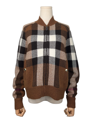 Brown Intarsia-Check Bomber Jacket