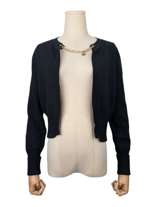 Black Open Cardigan With Gold Chain And LV Logo Charm Neck Closure