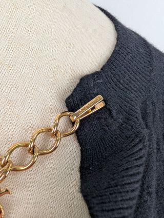 Black Open Cardigan With Gold Chain And LV Logo Charm Neck Closure