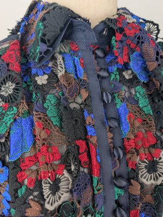 Navy Dress With Multi Color Cotton Floral Embroidery