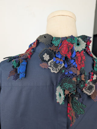 Navy Dress With Multi Color Cotton Floral Embroidery