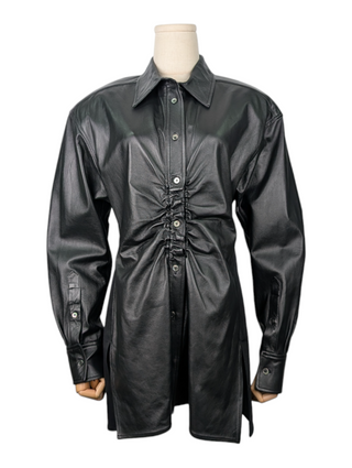 Black Ruched lambskin Leather Shirt Jacket