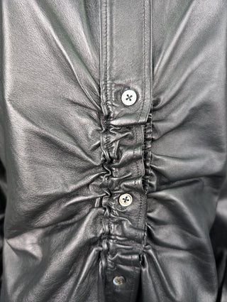 Black Ruched lambskin Leather Shirt Jacket