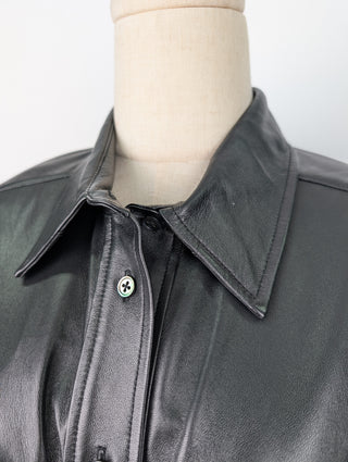 Black Ruched lambskin Leather Shirt Jacket