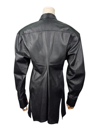 Black Ruched lambskin Leather Shirt Jacket