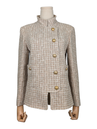 Beige Cotton Tweed Jacket With Zipper And Buttons