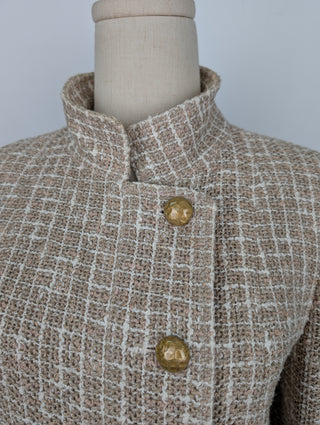 Beige Cotton Tweed Jacket With Zipper And Buttons