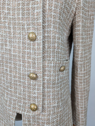 Beige Cotton Tweed Jacket With Zipper And Buttons