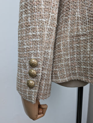 Beige Cotton Tweed Jacket With Zipper And Buttons
