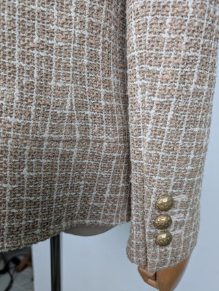 Beige Cotton Tweed Jacket With Zipper And Buttons