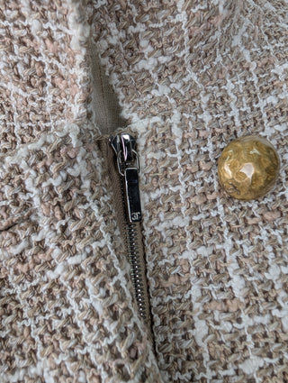 Beige Cotton Tweed Jacket With Zipper And Buttons