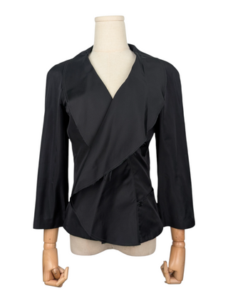 Black Silk Open Short Jacket, Interlocking CC Logo On Lower Front