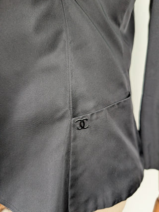 Black Silk Open Short Jacket, Interlocking CC Logo On Lower Front
