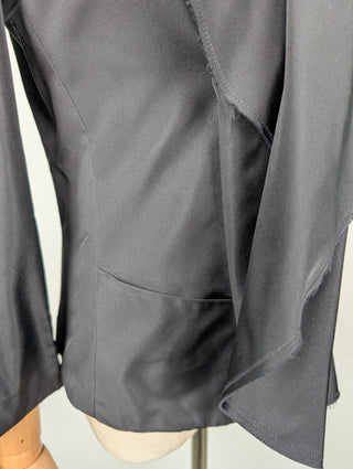 Black Silk Open Short Jacket, Interlocking CC Logo On Lower Front