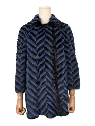 Blue And Black Fur Mid Length Double Breast Jacket