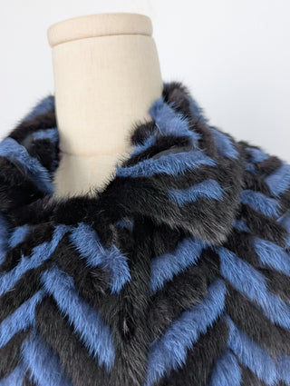 Blue And Black Fur Mid Length Double Breast Jacket