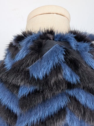 Blue And Black Fur Mid Length Double Breast Jacket