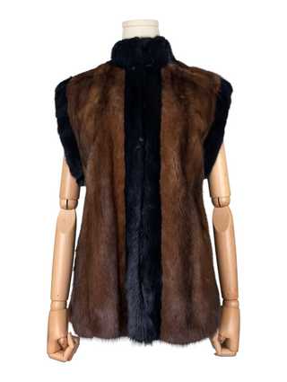 Brown Fur Vest With Blue Fur Frims And Logo Back Belt