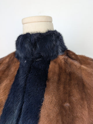 Brown Fur Vest With Blue Fur Frims And Logo Back Belt