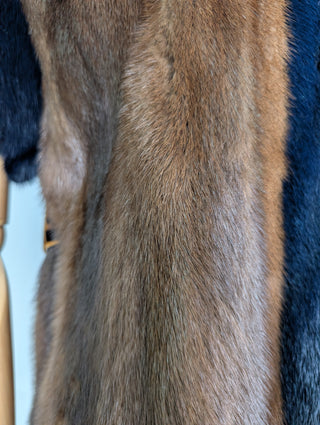 Brown Fur Vest With Blue Fur Frims And Logo Back Belt