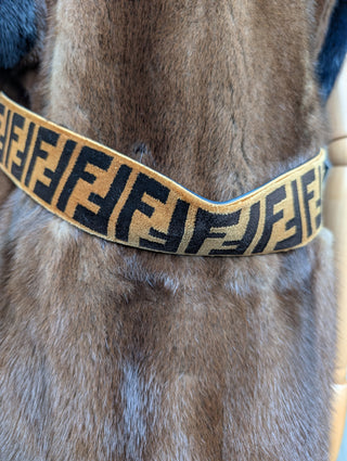 Brown Fur Vest With Blue Fur Frims And Logo Back Belt