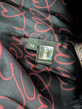 Brown Fur Vest With Blue Fur Frims And Logo Back Belt