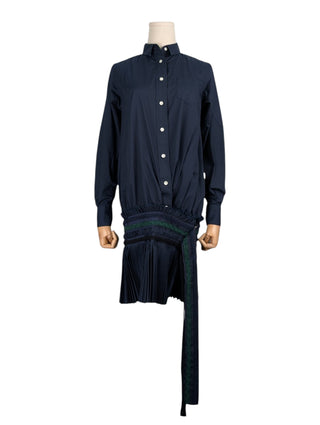 Navy Button Up Dress with Embroidery and Pleated Detail