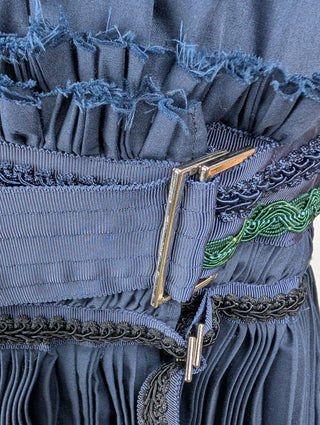 Navy Button Up Dress with Embroidery and Pleated Detail