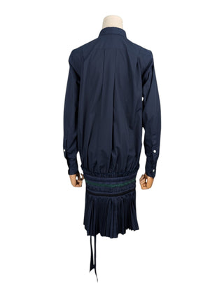 Navy Button Up Dress with Embroidery and Pleated Detail