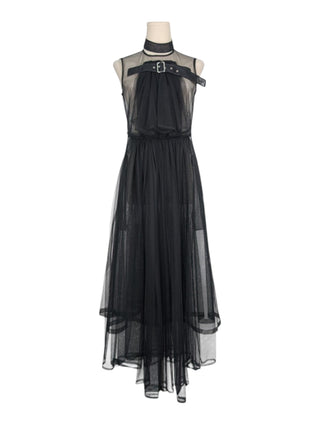 Black Mesh Dress with Ruffle Front