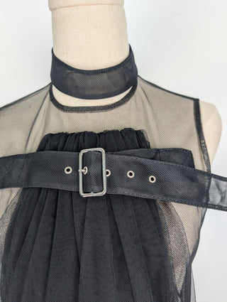 Black Mesh Dress with Ruffle Front