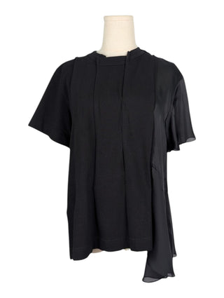 Black Short Sleeve Tee with Pleated Details and Sheer Left Side