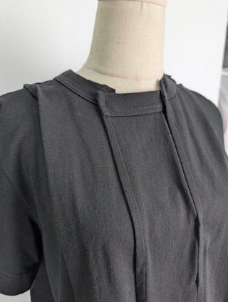 Black Short Sleeve Tee with Pleated Details and Sheer Left Side