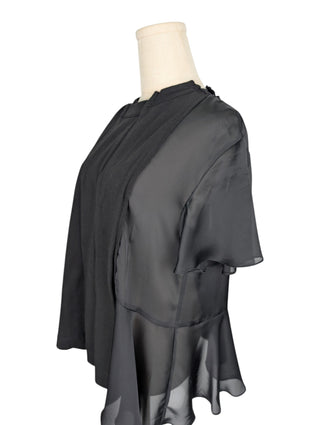Black Short Sleeve Tee with Pleated Details and Sheer Left Side