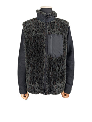 Black Jacket with Dark Green Faux Hair Vest and Corduroy Sleeves