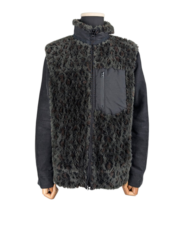 Black Jacket with Dark Green Faux Hair Vest and Corduroy Sleeves
