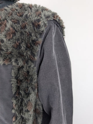 Black Jacket with Dark Green Faux Hair Vest and Corduroy Sleeves
