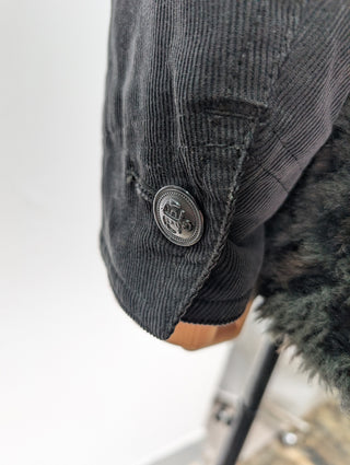 Black Jacket with Dark Green Faux Hair Vest and Corduroy Sleeves