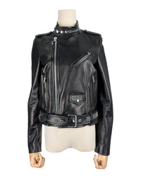Black Leather Biker Jacket with Silver Studded Collar and Belt
