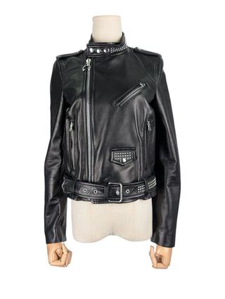 Black Leather Biker Jacket with Silver Studded Collar and Belt